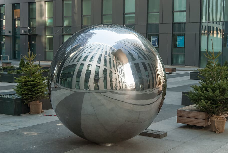 architecture, megalopolis, steel, ball, reflection, office, built structure, building exterior, sphere, day