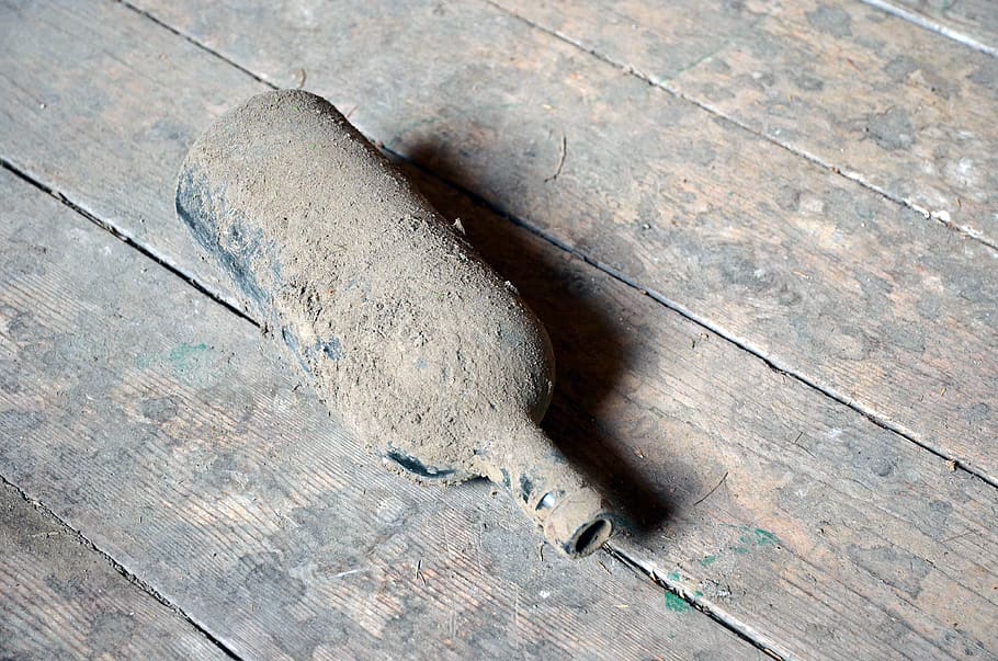 old, bottle, vintage, grey, dust, aged, dusty, glass, wooden floor, high angle view