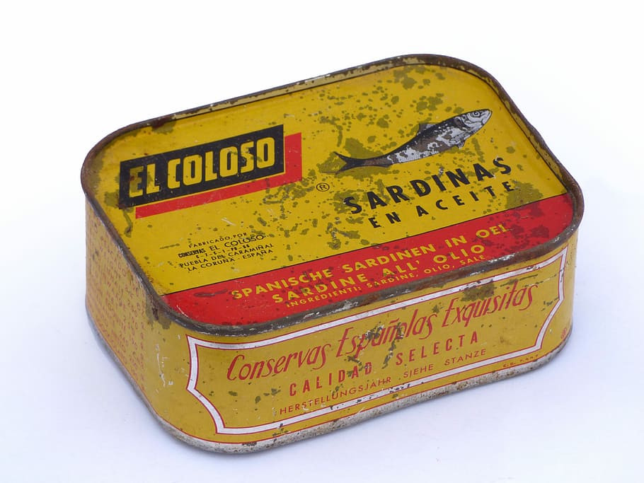 can, tin, old, vintage, canned, sardines in oil, white background, cut out, studio shot, text