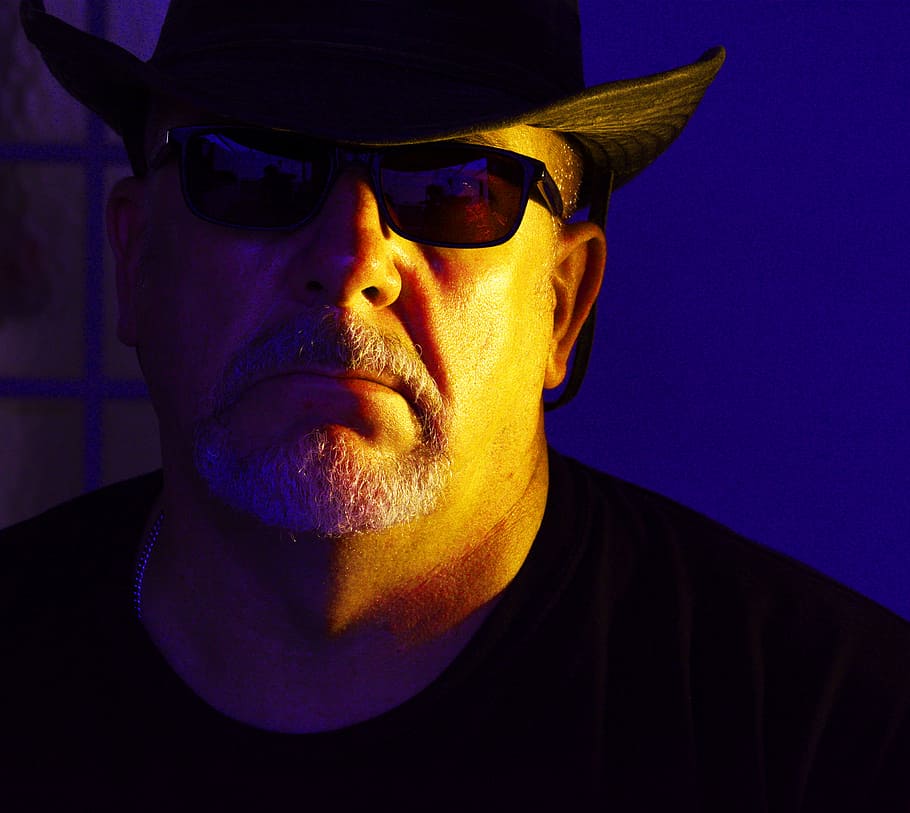 cowboy, sunglasses, shades, hat, western, side lighting, person, man, masculine, stetson