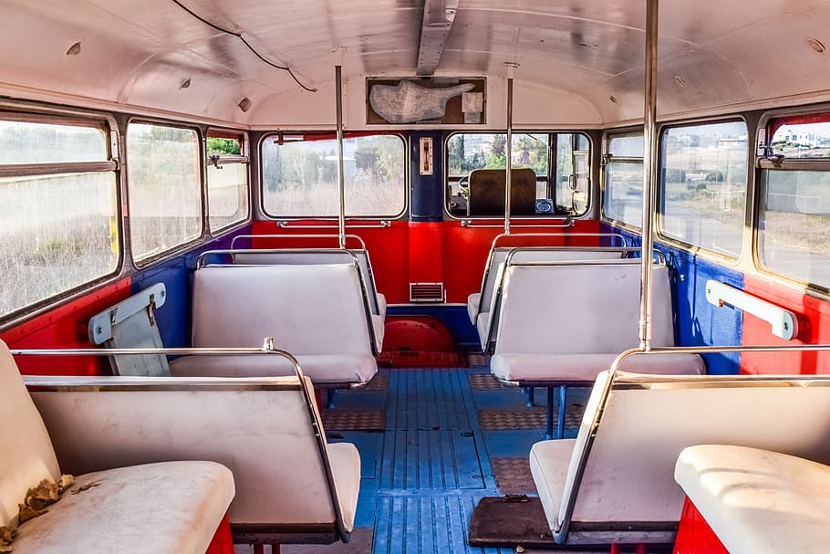 autobús, abandonado, roto, sucio, vintage, interior, colorido, asientos, decadencia, asiento