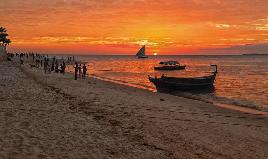 barco, marrom, areia da costa, laranja, céu, dia, Zanzibar, cidade de pedra, Tanzânia, África