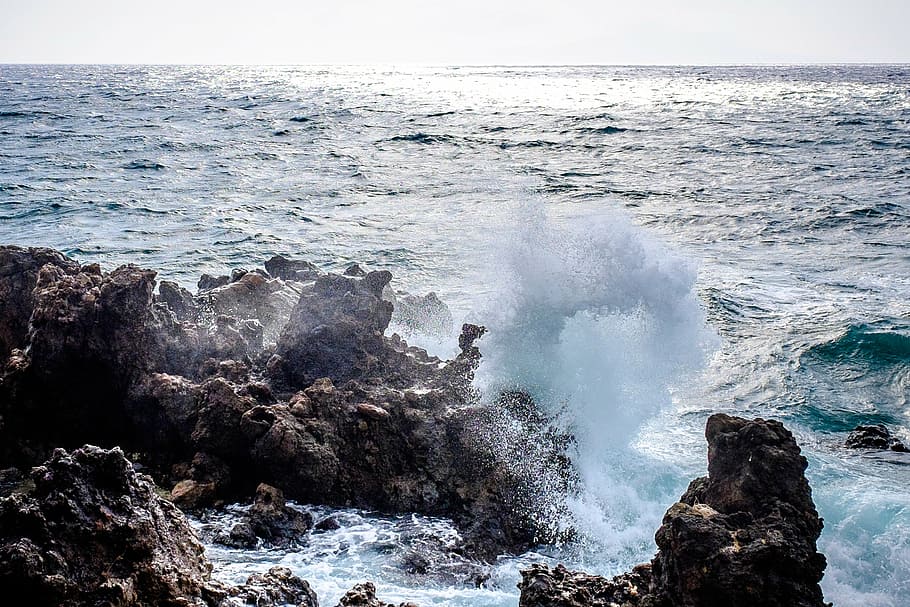 ocean waves, shore stones, white, sky, landscape, photography, ocean, waves, seashore, blue