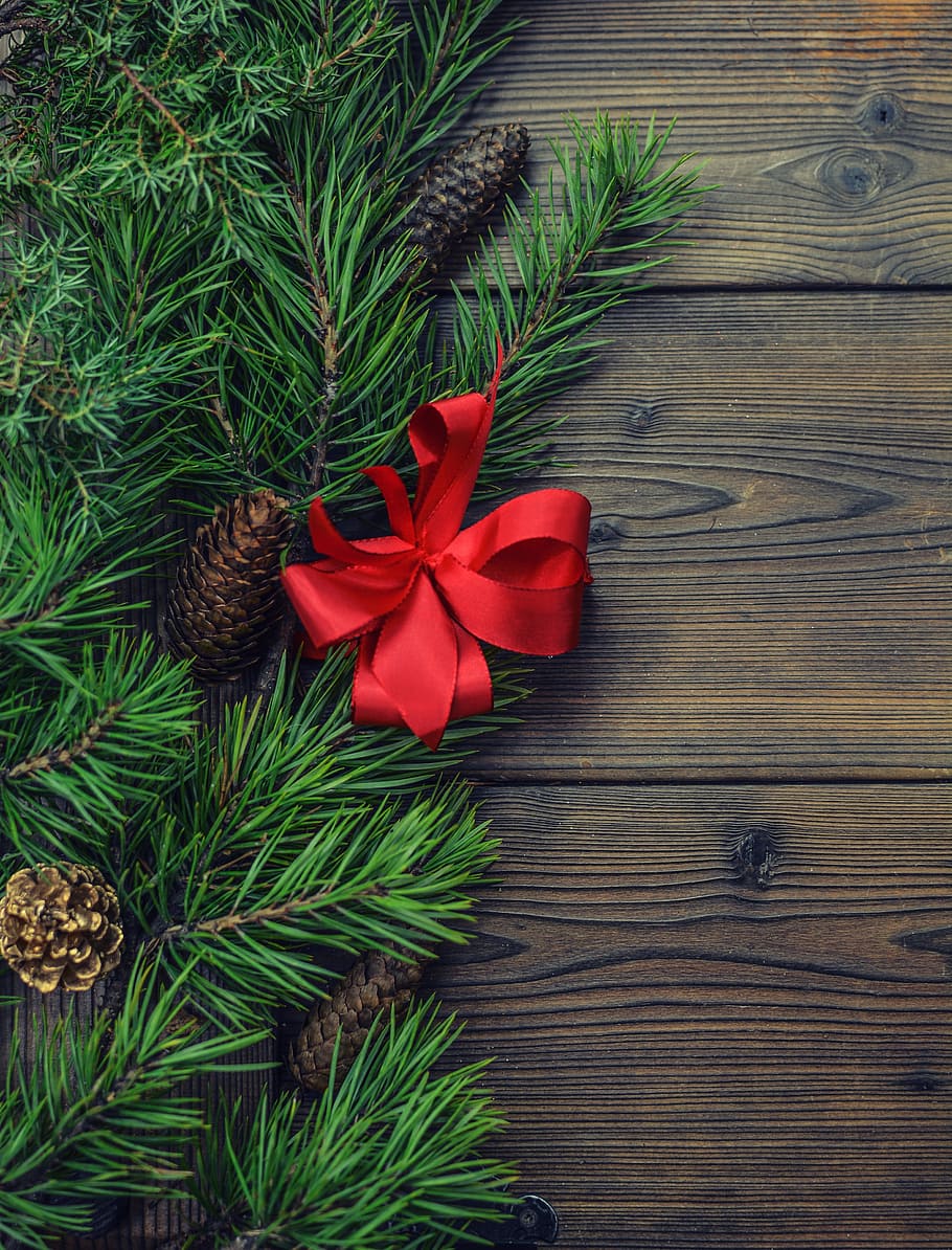 松ぼっくり, 赤, ネクタイ, 背景, クリスマス, 松, 木製, クリスマスの背景, 装飾, 休日