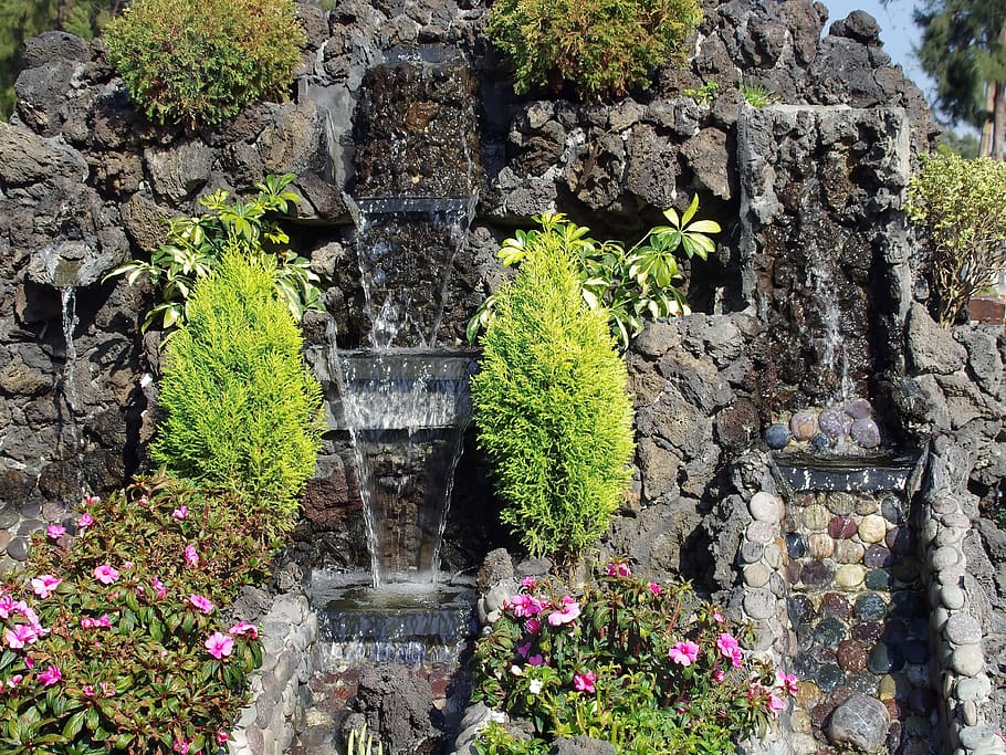 mexico, fountain, washbasin, cascade, garden, water, plant, growth, nature, architecture
