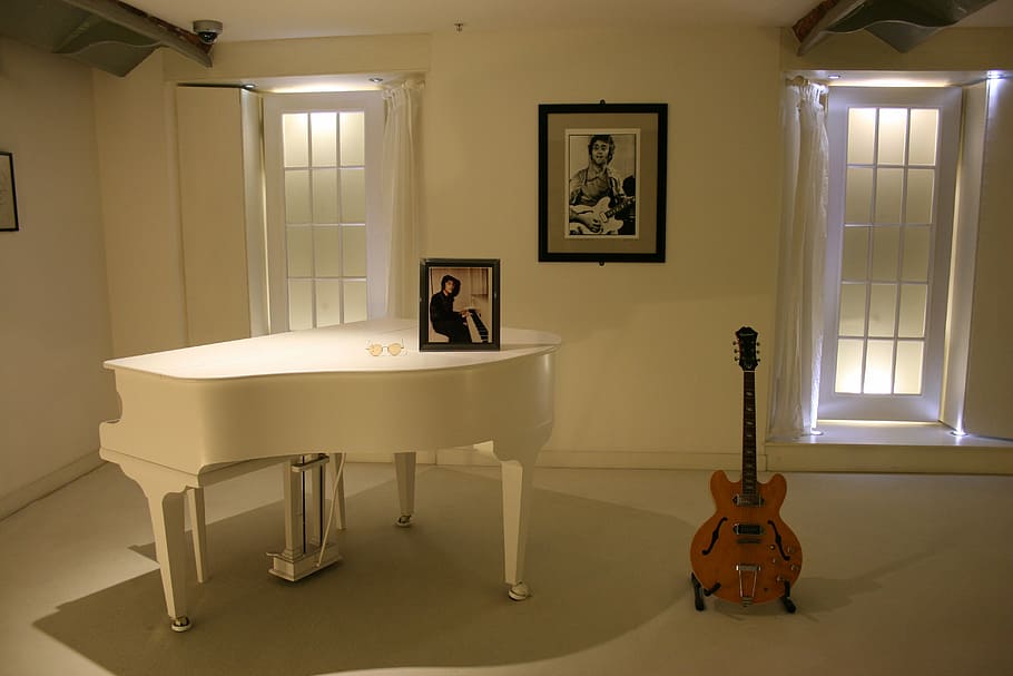 guitar, grand, piano, john lennon, white piano, imagine, beatles story, liverpool, home interior, indoors
