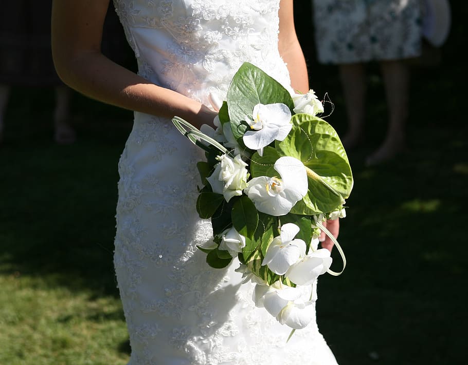 woman, wearing, white, floral, wedding dress, holding, flowers, wedding, bride, anniversary