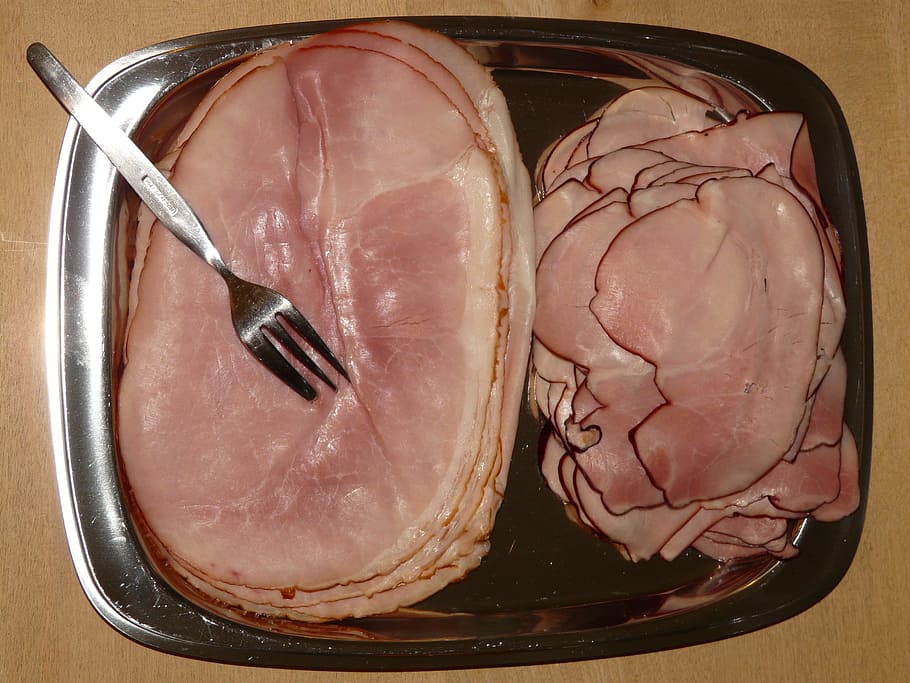 ham plate, ham, cooking ham, juniper ham, food, eat, sausage, fork, silver, plate