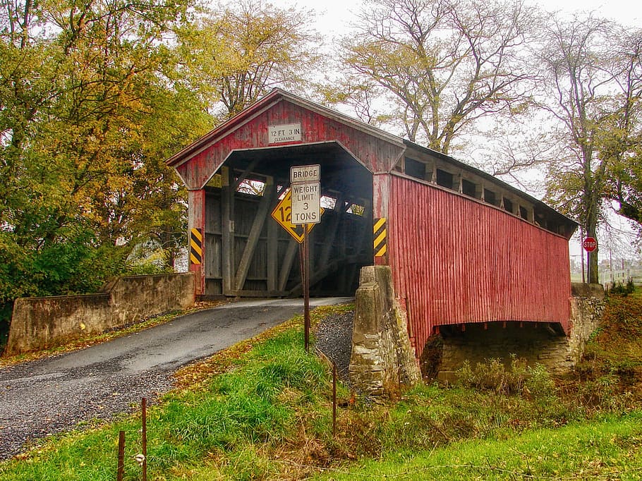 photography, red, gray, steel tunnel, daytime, steel, tunnel, wooden bridge, landscape, scenic