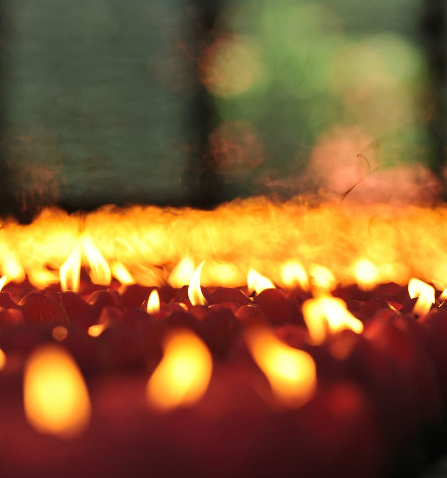 lit, candles, tilt shift lens photography, flame, candles flame, lighted, buddhists, lighting candles, fire, smoky
