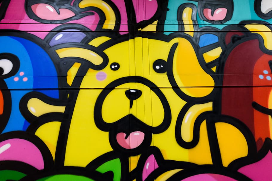 colorido, graffiti, arte, urbano, pintura, perro, negrita, brillante, artista, creativo