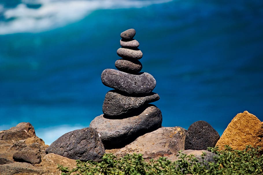 cairn, stone, balance, pleated, sea, stability, tower, layered, stones, nature