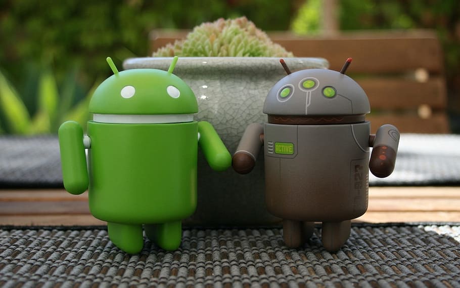 two, green, gray, android figurine, flowerpot, android, couple, computer, technology, man