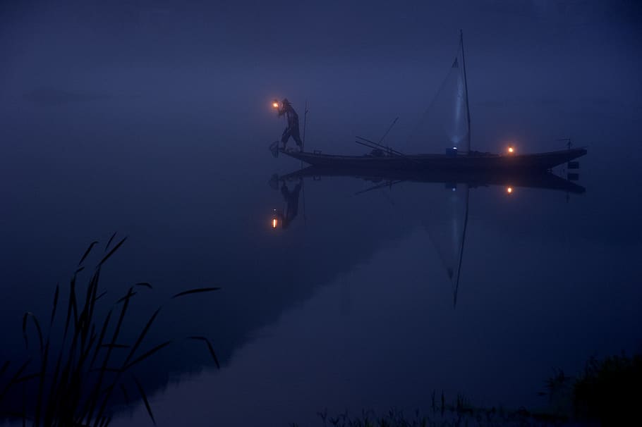 boat, fisherman, night, dark, fishing, light, lamps, water, reflection, calm