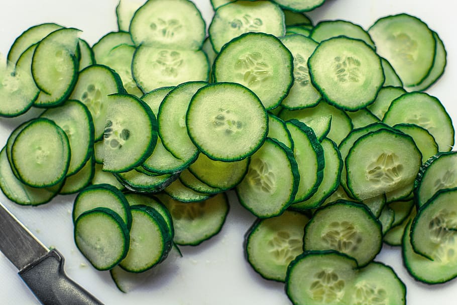 sliced cucumbers, Cucumber, Slices, Fresh, Food, Healthy, vegetable, green, organic, sliced