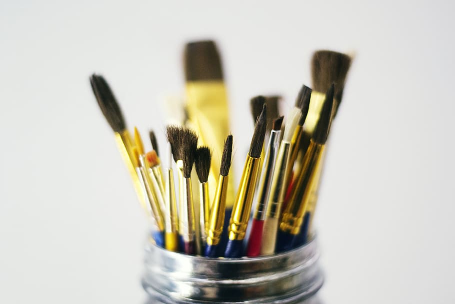 shallow, focus photo, paint brushes, painting, paint, paintbrush, art, design, canvas, indoors