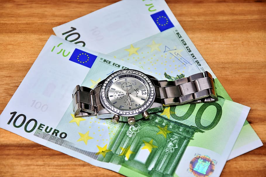 Kronograf, jam tangan, uang kertas 100 euro, coklat, kayu, permukaan, uang, kekayaan, 100, euro