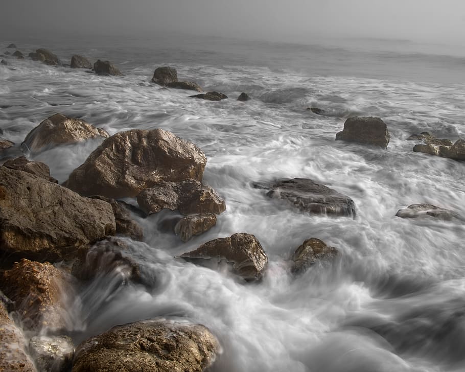 time lapse photo, body, water, ocean, waves, tide, stones, beach, flowing, current