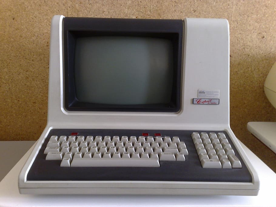 turned-off, white, black, monitor, keyboard, computer, machine, vintage, retro, old