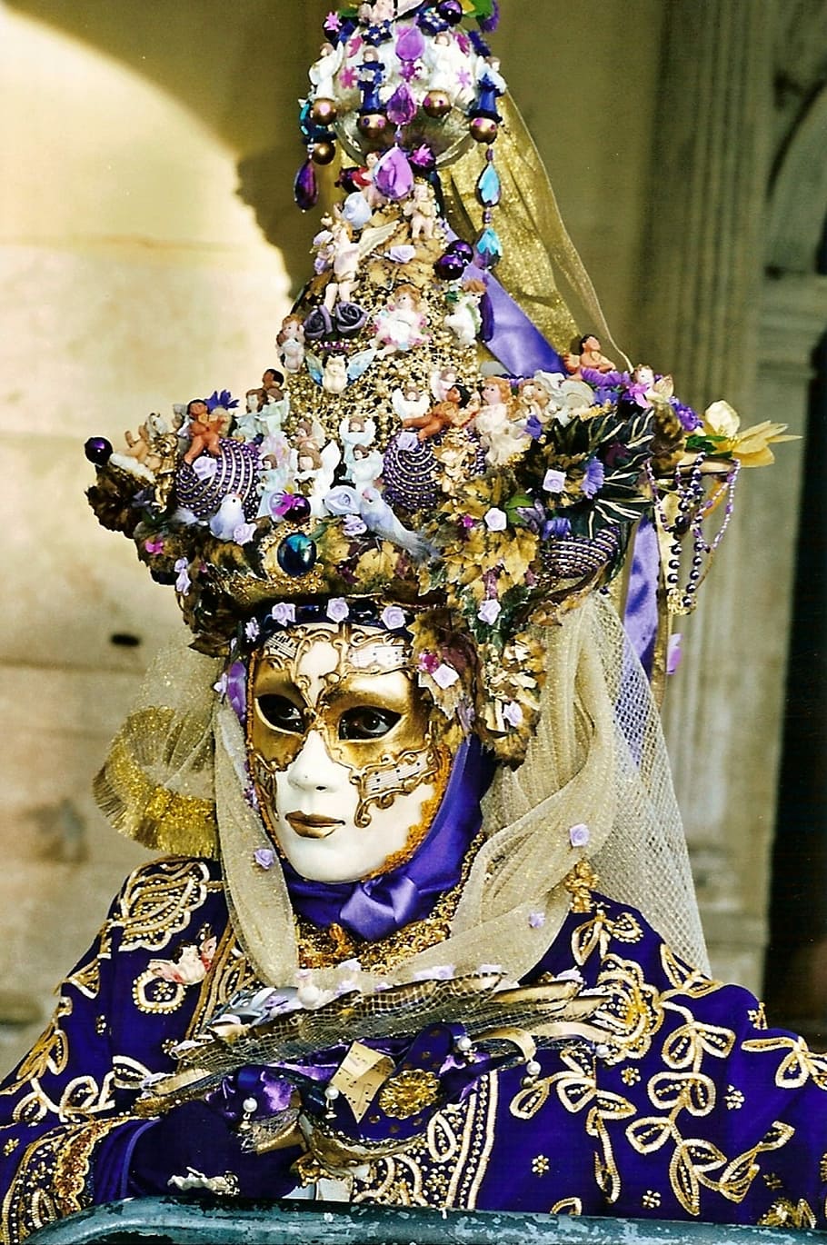 person, wearing, purple, masquerade mask, ornaments, masquerade, mask, face, clothing, cover