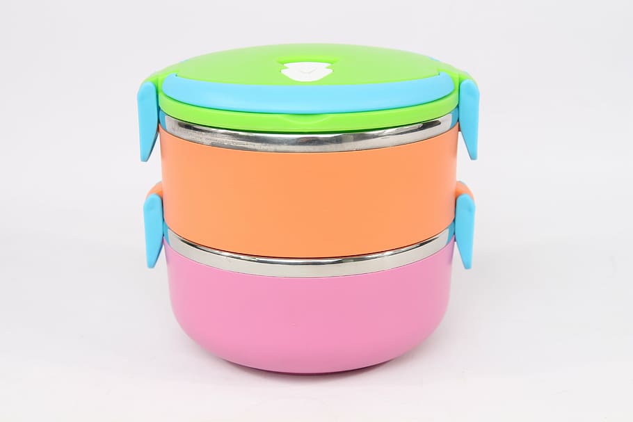 orange, pink, tiffin carrier, white, surface, lunch box, lunch, camping, single Object, cut out