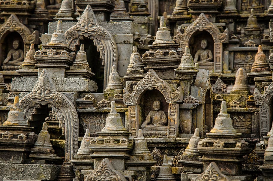 gris, hormigón, durmiendo, estatuas de Buda, borobudur, templo, mini, macro, modelo, buda