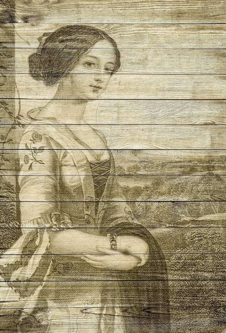 lady, on wood, wood, elegant, woman, vintage, victorian, nostalgic, decoration, shabby chic
