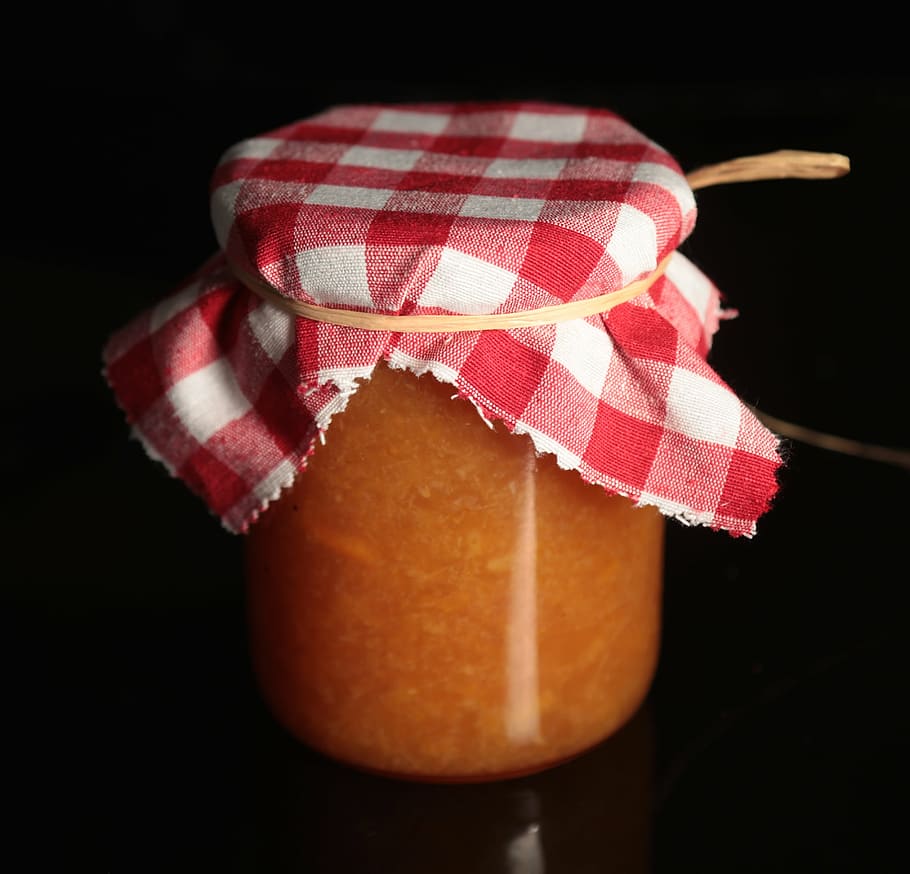 glass jar, covered, white, red, fabric cloth, homemade jam, craft, apricot, food, black background