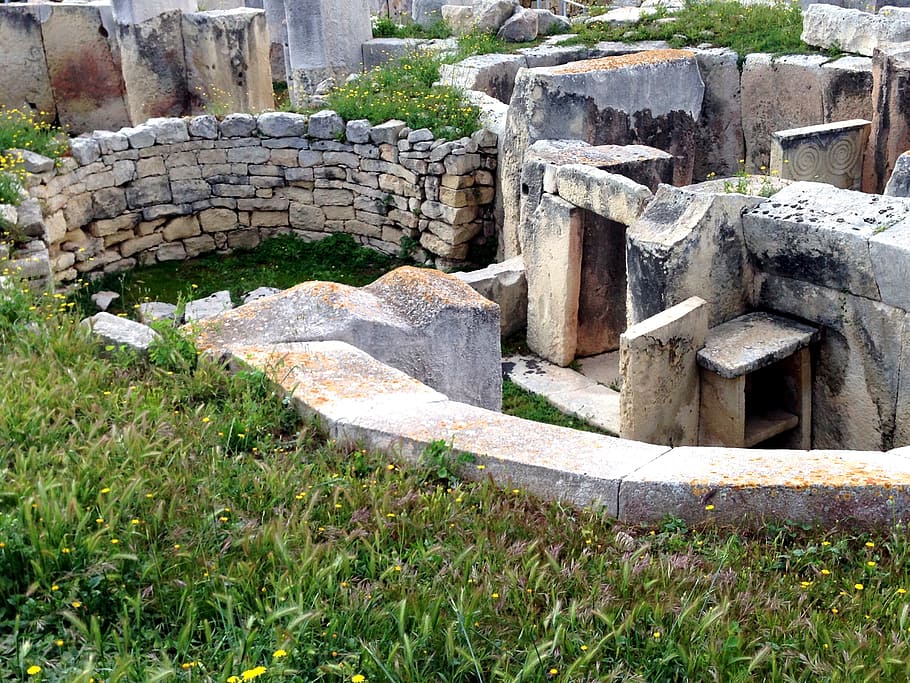 brown, concrete, ruins, grass field, tarxien temple, malta, unesco world heritage site, ancient, civilization, megalithic