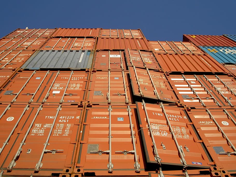 low, angle photo, orange, intermodal, container stack, daytime, shipping, containers, crates, metal