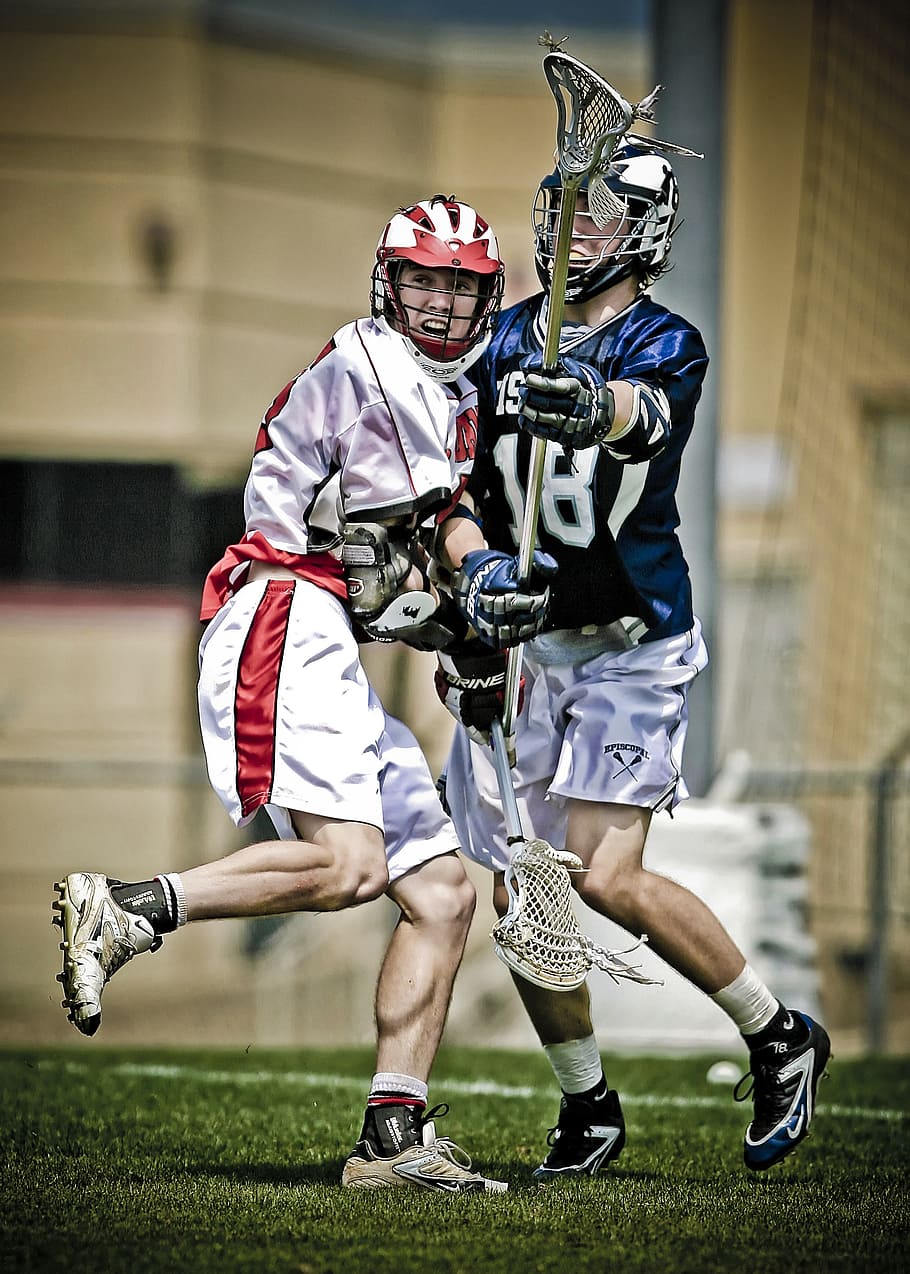 lacrosse, players, clash, conflict, stick, sport, helmet, playing, male, game