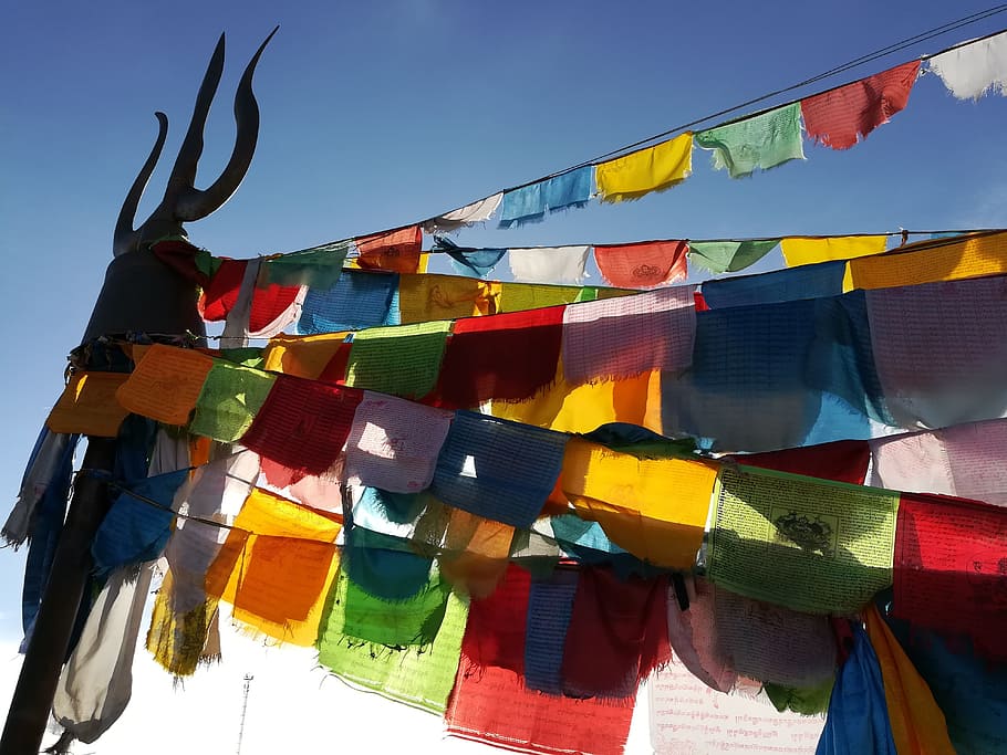 prayer flags, religion, minor ethnic, wind, sky, flag, color, hanging, motley, bright