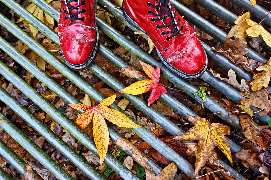 feet, shoes, women's shoes, standing, red shoes, patent leather shoes, doctor martens, grate, leaves, autumn leaves