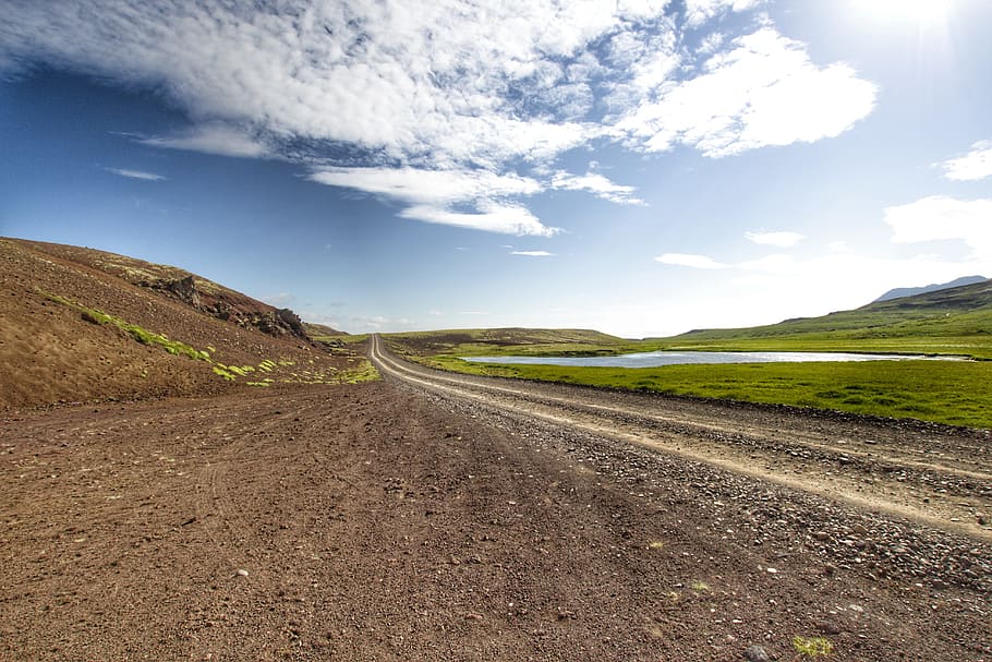 pathway, clouds, iceland, road, gravel, road trip, spererated, separation, sky, loneliness