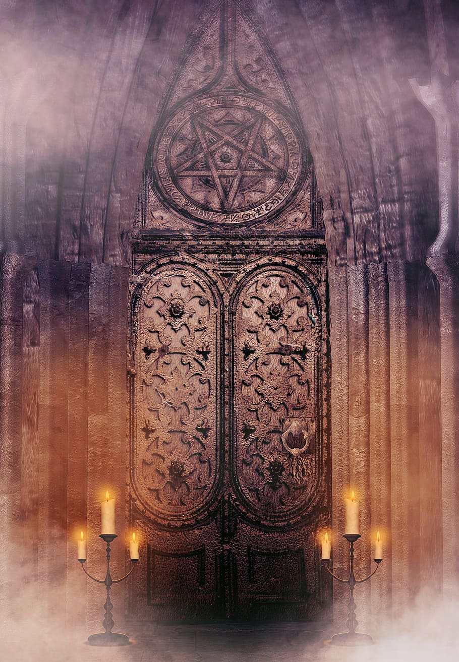 brown, occult gate, candles, smoke, gothic, religion, the cathedral, architecture, pattern, built structure
