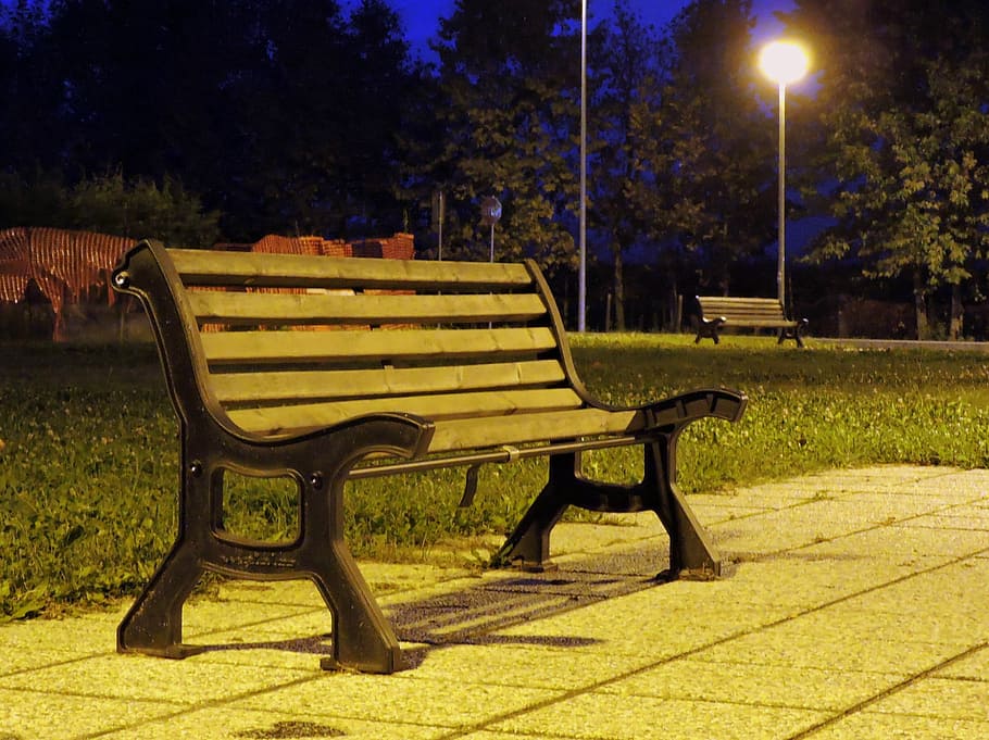 Bench, Night, Light, Lighting, night, light, park, solitude, nothing, seat, empty