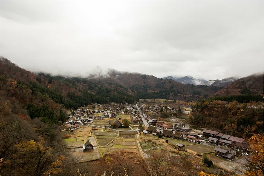 desa, dikelilingi, gunung, pohon, rumah, bukit, berawan, langit, siang hari, Shirakawago