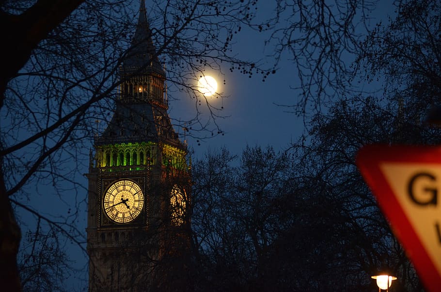 full moon, london, moon, big ben, night, england, clock, light, great britain, united kingdom