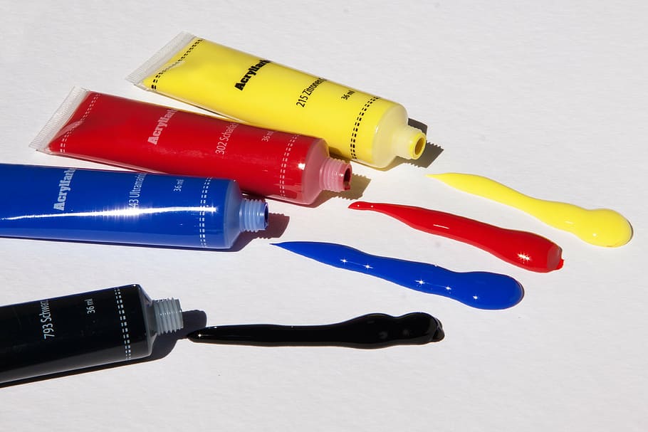 four, yellow, red, blue, black, color, labeled, soft, tube bottles, acrylic paints