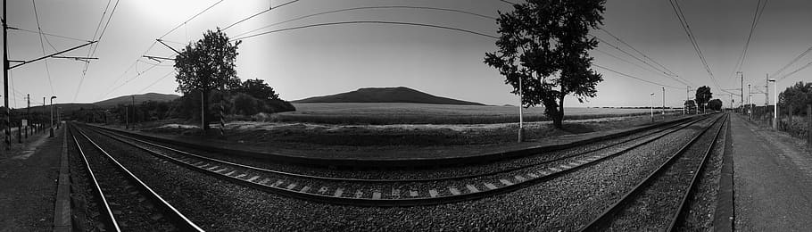Ferrocarril, Panorama, Paisaje, b w, cielo, tren, panorámica, al aire libre, naturaleza, negro