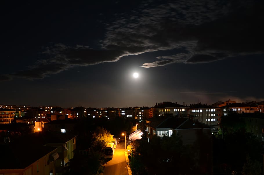 夜, 月, 曇りの夜, 風景, 空, 暗い, 平和, 町並み, 長時間露光, 夜の風景