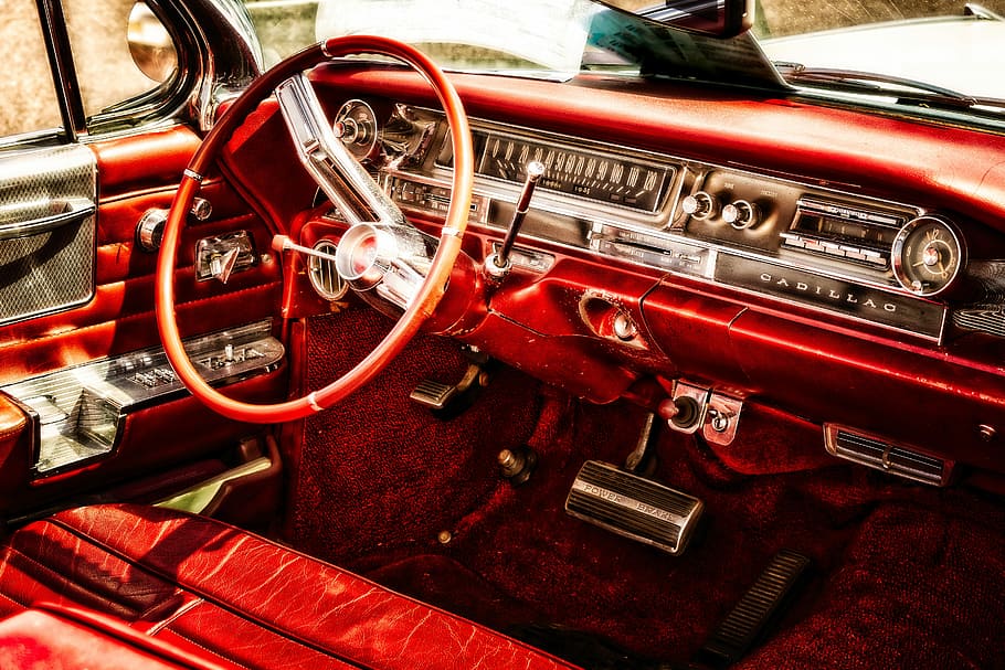red vehicle interior, auto, oldtimer, cadillac, vehicle, automotive, classic, old, old car, historically