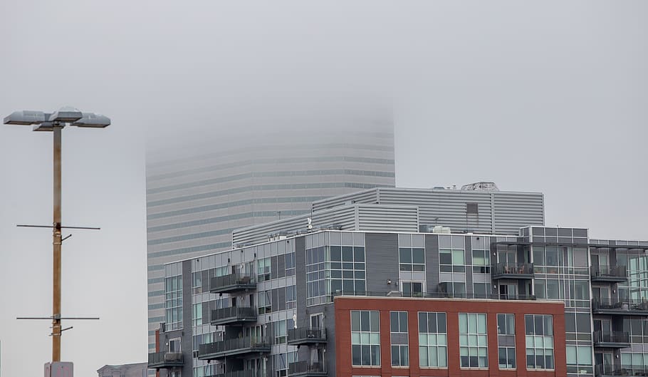 cidade, nevoeiro, edifícios, névoa, tijolo, vidro, temperamental, clima, ar, paisagem urbana