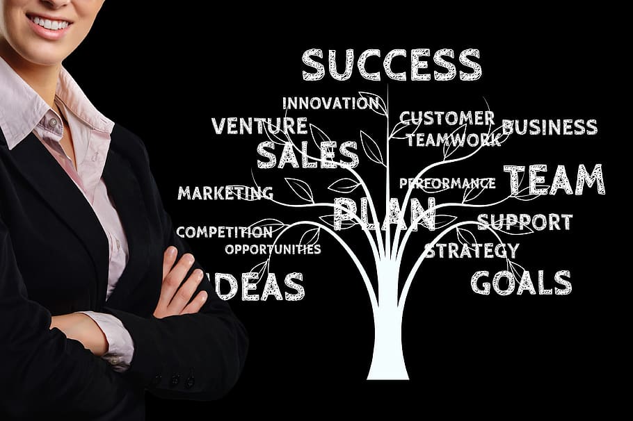 mujer de negocios, negocios, árbol, crecimiento, éxito, equipo, trabajo en equipo, ganancias, marketing, plan