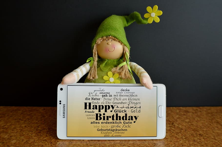 white, samsung android smartphone turned-on, happy birthday, birthday, greeting, greeting card, background, funny, indoors, communication