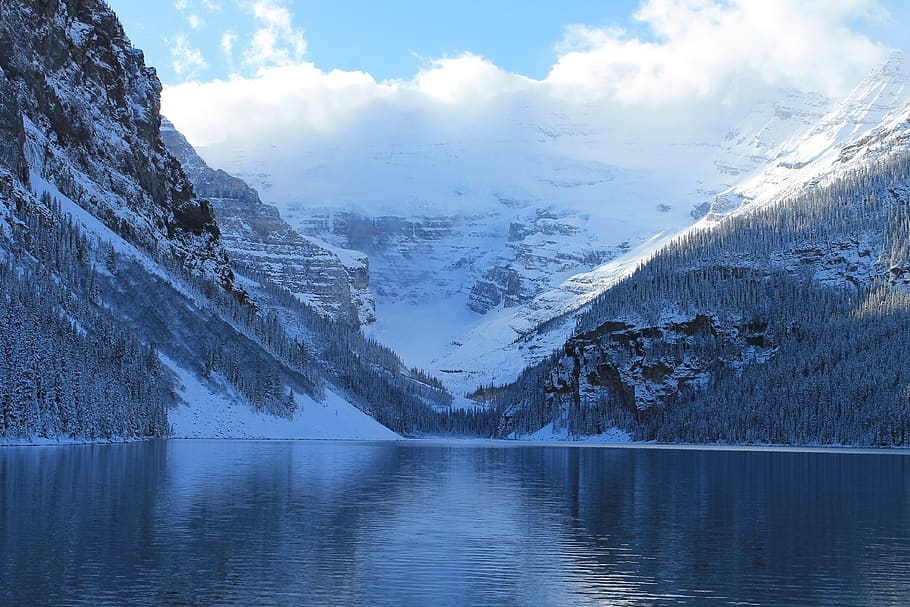 snow, mountain, nature, panorama, landscape, lake louise, canada, winter, ice, cold