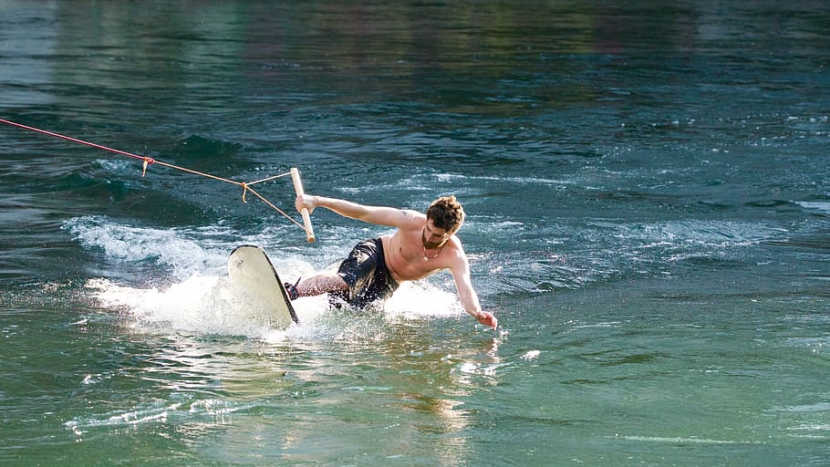 man wakeboarding, water, wakeboard, water sports, surf, courage, skill, river, board, most rope