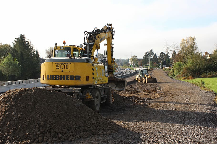 Digger, Construction, building lot, working, construction site, road construction, construction machinery, earth mover, road, industry