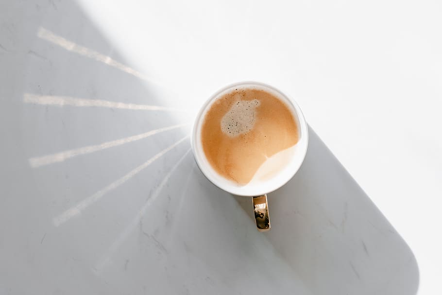 café, mármore, simplesmente, mínimo, manhã, vista de cima, plano, branco, xícara, bebida