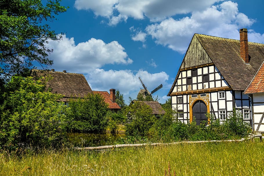 farm, village, agriculture, village scene, fachwerkhaus, fachwerkhäuser, windmill, historically, old, facade
